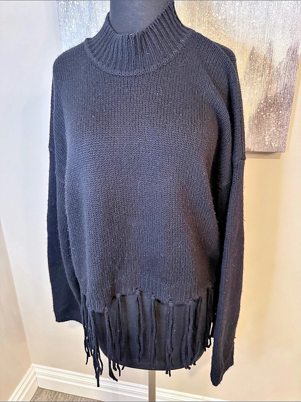 Splendid Collection Fringe Turtleneck Sweater in Black Size Large